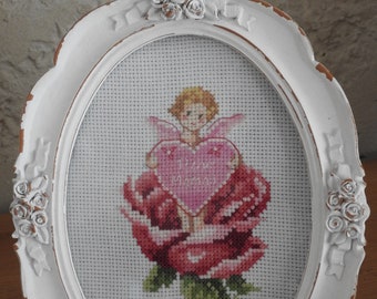 Cadre Broderie Point De Croix Fait Main 23x23 Cm – Lin écru Et Roses – Déco Romantique