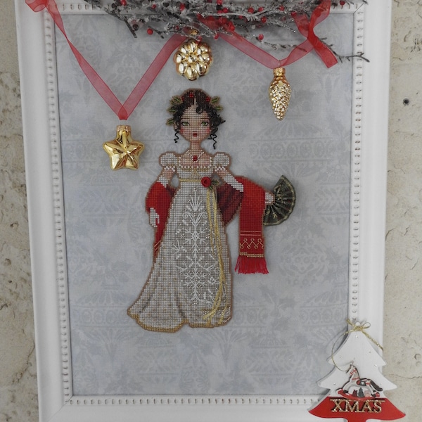 Jane Austen at the Christmas Ball - broderie faite main au point de croix et perles