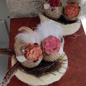 May include: Two brown and white bird nests with brown twine and white feathers. Each nest has a brown and white bird with a pink and orange flower on its head.