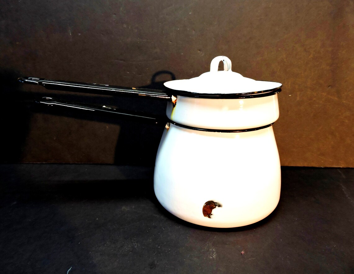 White Enamel Double Boiler Farmhouse Rustic Kitchen Décor Etsy