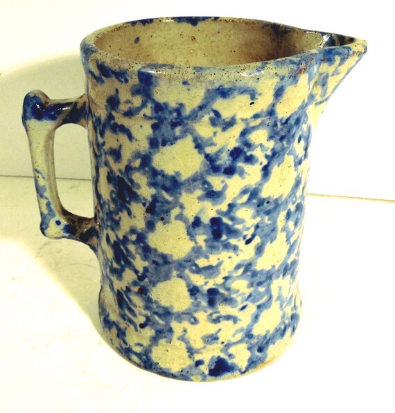 Antique Blue Spongeware Pitcher Rustic Kitchen Lodge Decor Etsy