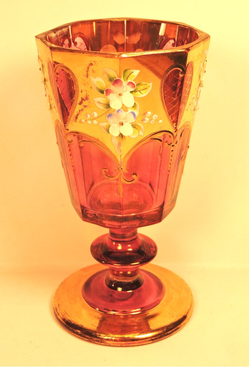 Moser Art Glass Footed 8 Panel Antique Gold Gilded And Enamel Etsy