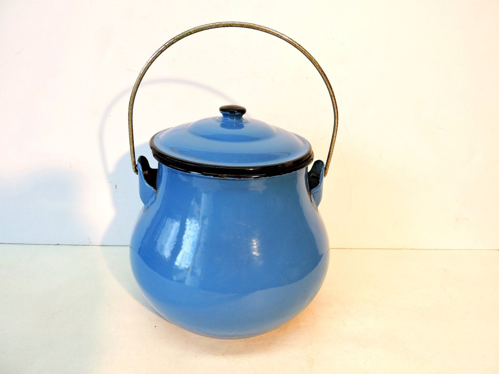 Blue Enamelware Stock Pot with Lid and Bail Handle Kitchen Etsy