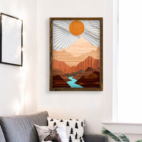 Sun and Moon Wood Frame Wall Art Boho Landscape Art Bedroom Etsy