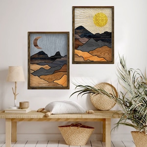 Sun And Moon Wood Frame Wall Art, Boho Landscape Art , Bedroom Sun And Moon Mountain Wall Art , Wood Frame UV Print Wall Art, 2 PCS  SET,