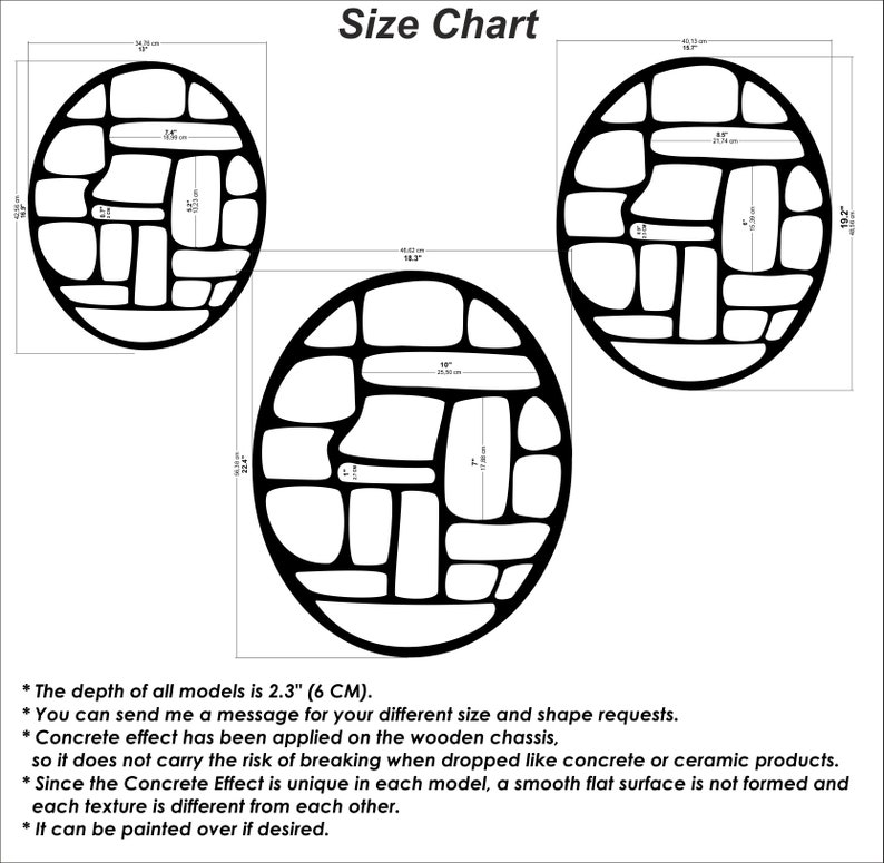 Op de afbeelding: Maattabel voor drie ronde wanddecoraties met een betonlook. De stukken zijn 37,5 cm, 48,3 cm en 47 cm in diameter. De diepte van alle modellen is 5,8 cm (2,3 inch).