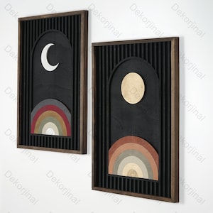 2 Set Large Boho Wooden Wall Art Set ,Abstract  Wooden Wall Art Set, Modern Wood Art,Mid Century Wall Art,Wood Wall Panels,Hanging Headboard