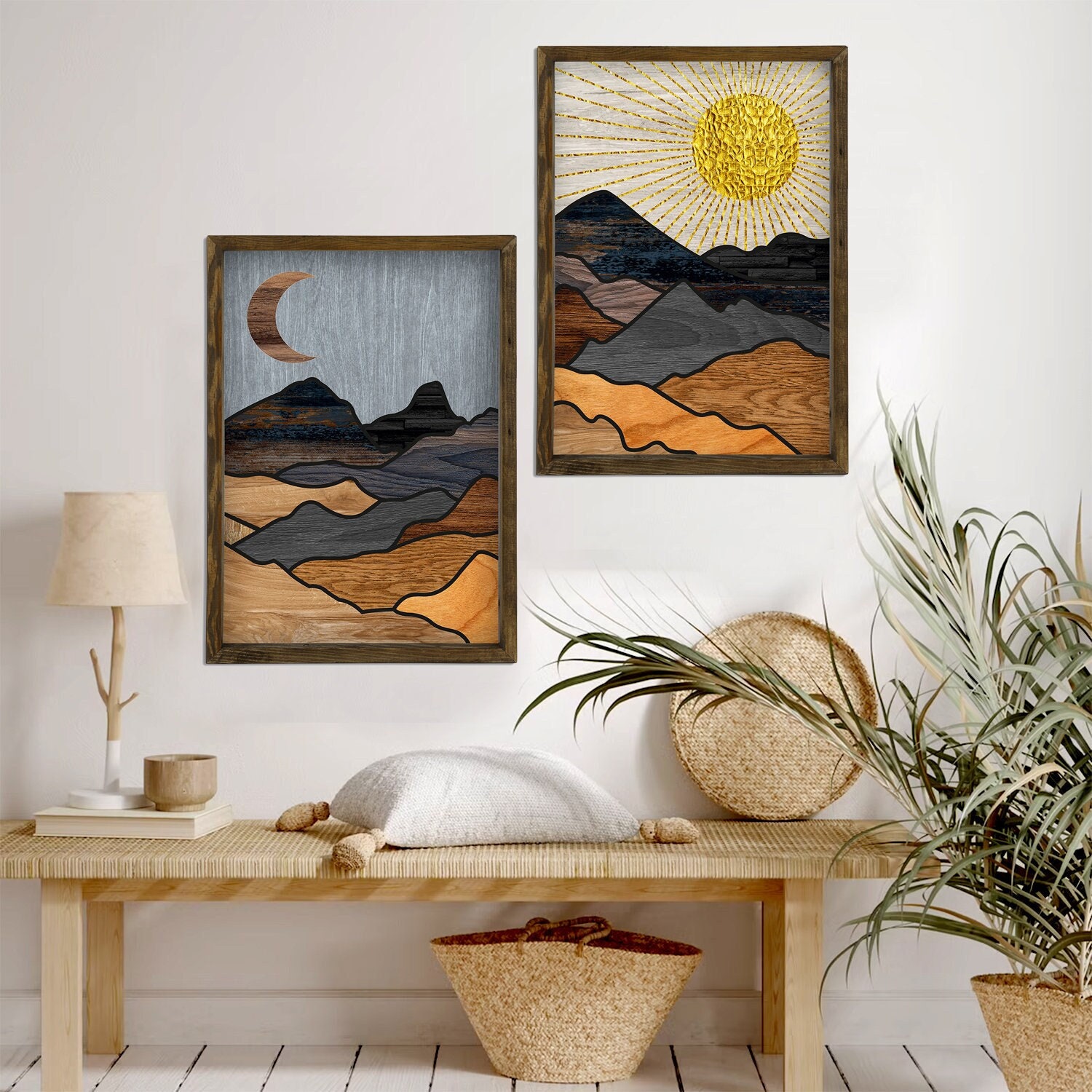 Sun and Moon Wood Frame Wall Art Boho Landscape Art Bedroom Etsy