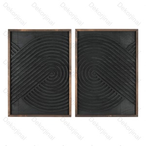 May include: Two black wood wall decor panels with a geometric pattern of concentric circles and lines. The panels are framed in dark wood.