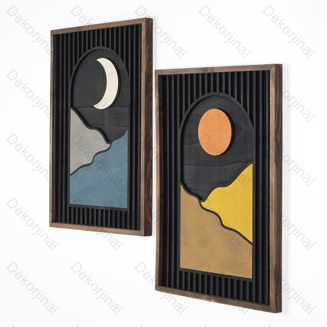 2 Set Large Boho Wooden Wall Art Set ,sun and Moon Art,boho Room Decor ...