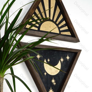 Solid Wood Triangle Frame  Sun And Moon Wall Art, Wood Frame Boho Wall Decor , Triangle Frame Wall Art , Sun And Moon Boho Wall Art,
