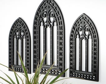 Conjunto de 3 peças, Janelas em Arco de Catedral, Conjunto de decoração de parede para quarto em estilo gótico, Arco em estilo catedral, Janela medieval de igreja gótica, Janela de catedral gótica.