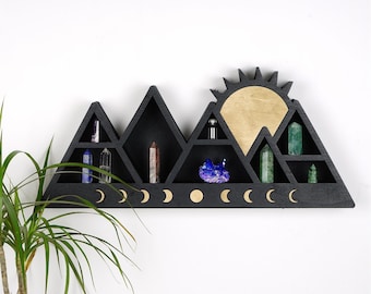 Mensola da parete in cristallo Wooden Mountains, mensola da parete Boho, decorazione da parete Boho, decorazione da strega, esposizione di cristalli, decorazione spettrale, mensola da tavolo,