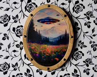 UFO Scenic Wall Art - Handcrafted Oval Frame with White Accent - Cosmic Landscape Design for Whimsical and Alternative Home Decor"