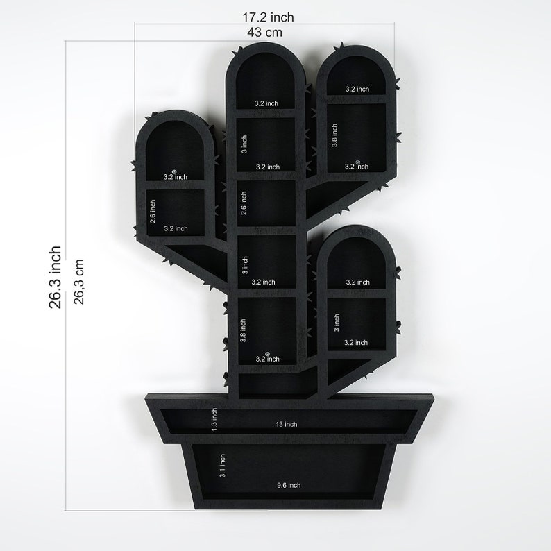 May include: Black cactus-shaped wall shelf, 26.3 inches tall and 17.2 inches wide. Features multiple shelves of varying sizes, including 3.2 inch and 3.8 inch depths. The shelf is designed to resemble a cactus in a pot, with a 9.6 inch wide base.