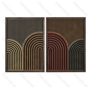 Op de afbeelding: Twee ingelijste abstracte kunstprints met een geometrisch ontwerp van overlappende bogen en strepen in tinten bruin, goud, rood en groen.