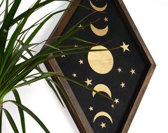 Wood Diamond Frame Moon phases Wall Art, Wood Frame Boho Wall Decor, Diamond Frame Wall Art ,Boho Sun Moon Star Wood Frame Wall Art,Boho art