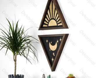 Solid Wood Triangle Frame  Sun And Moon Wall Art, Wood Frame Boho Wall Decor , Triangle Frame Wall Art , Sun And Moon Boho Wall Art,