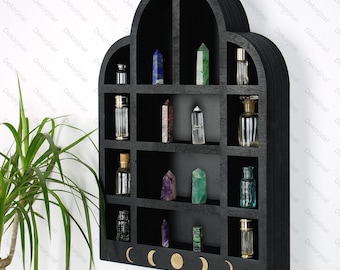Altare in legno con mensola a muro in cristallo, mensola a muro boho, decorazione murale boho, decorazione da strega, espositore per cristalli, decorazione spettrale, mensola da tavolo