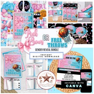 May include: A gender reveal bundle with pink and blue accents, featuring the text "Pink Bows or Free Throws." Includes invitations, signs, and decorations with basketball and bow graphics. The bundle is an instant digital download.