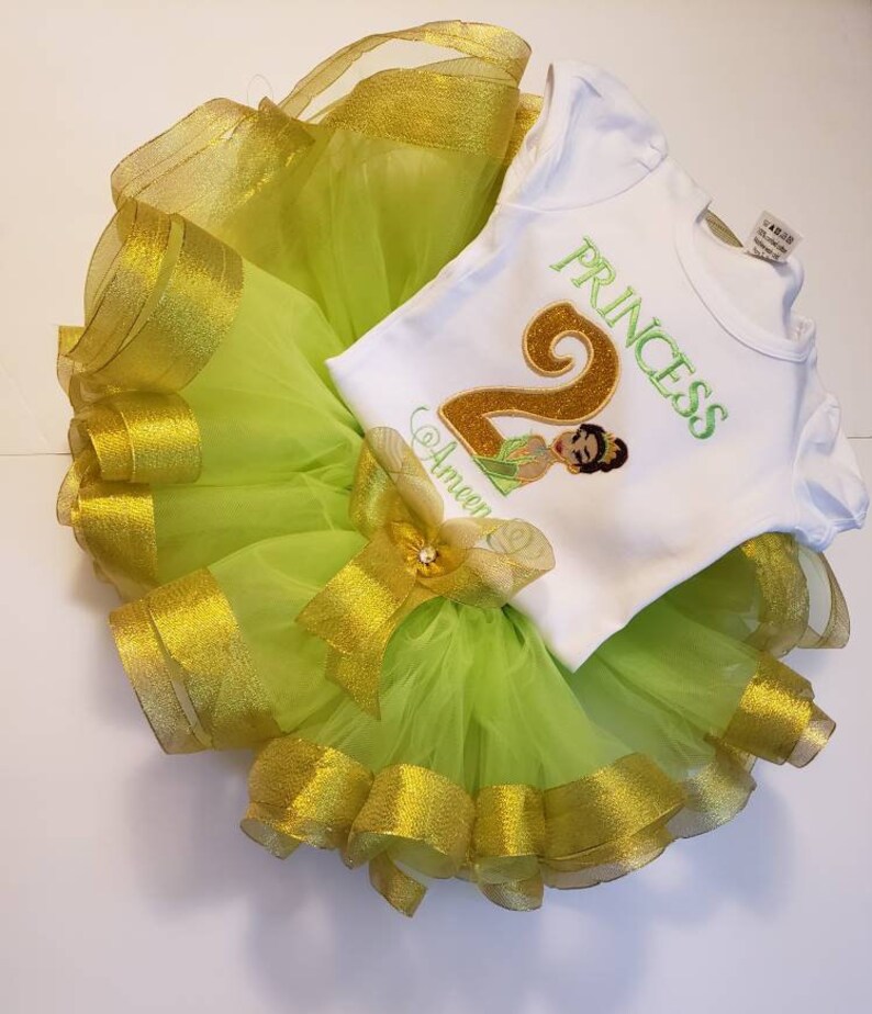 Princess Tiana Birthday Outfit Ribbon trim tutu Embroidered Shirt