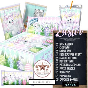 May include: Easter-themed packaging with a bunny graphic. Includes box labels, chip bags, Capri Sun, Rice Krispie Treats, chocolate bars, Kit Kat bars, Pringles chip cans, fruit snacks, Ring Pops, Pop Rocks, and cupcake toppers. The design is editable with Canva.