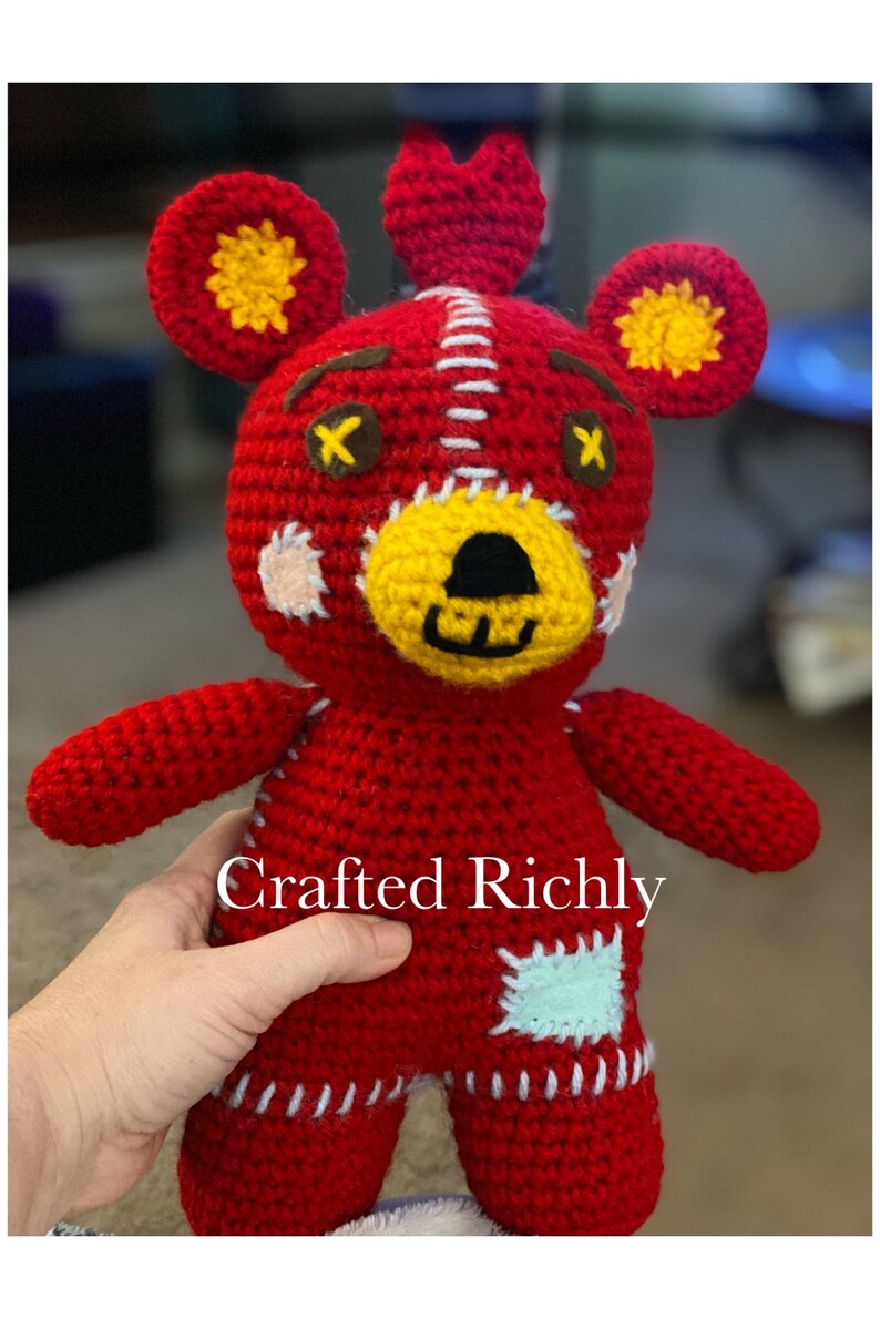 Patchwork Bear Plush, Red Teddy Bear Amigurumi, Red Teddy