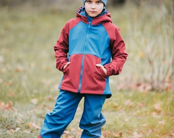 Kids softshell jacket and trouser set, Waterproof and windproof outwear, Raincoat and Bib softshell pants