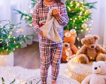 Pink Tartan Plaid Pyjamas, Christmas Baby Pajama Set, Toddler