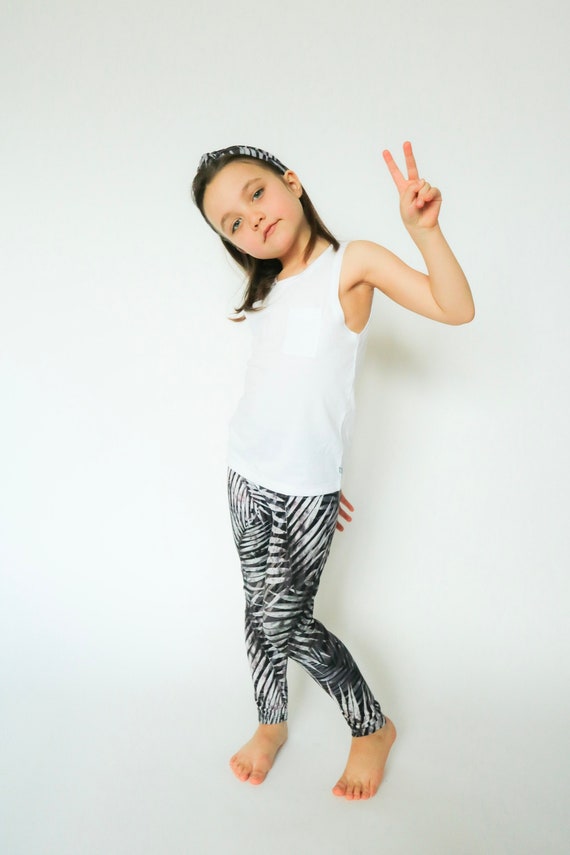 Organic Cotton Jersey Kids Leggings, Black and Grey Printed Leaves