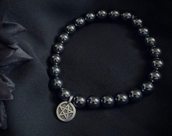 Handmade Hematite Stretch Bracelet with Silver Pentacle Charm