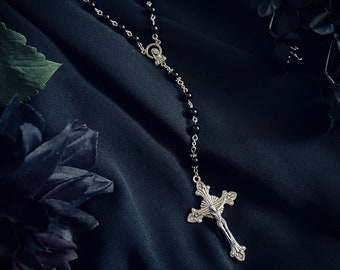 MAGNIFICAT Handmade Black Glass & Silver Rosary