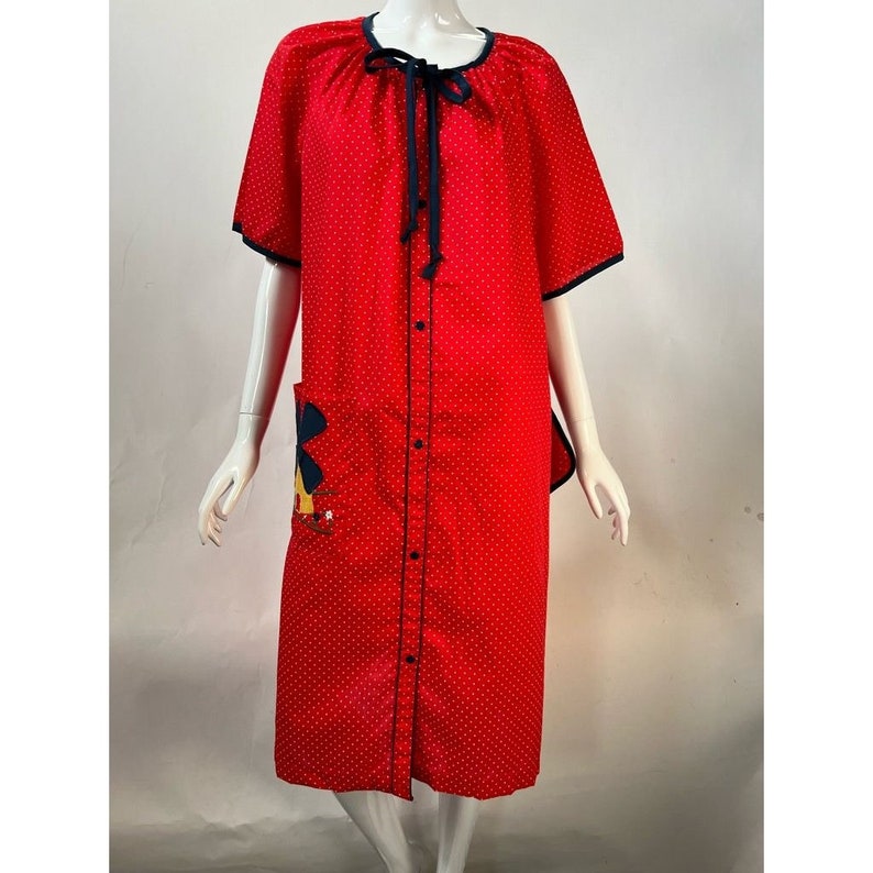 Vintage Smart Time Womens House Dress Red Midi Pocket Tie Neck Potholder L New image 1
