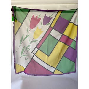 Vintage Italian Polyester Tulip Modrian Styled Print Scarf
