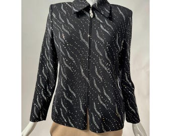 St. John Evening Black Knit Jacket W/ Rhinestone Accents & Zipper Pull Size 4