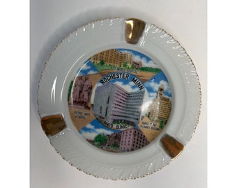 Vintage Ashtray Gold Trim  5" White  Rochester Minnesota Porcelain City Plate