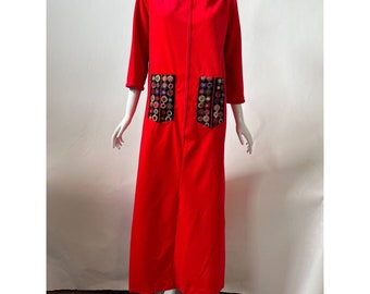 Vintage Henson Kickernick Robe Housecoat Sleepwear Red Pocket 3/4 Sleeve L