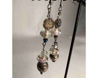 Vintage Artisan Drop earrings  3" silver  Hand pressed glass, metal and glass beads