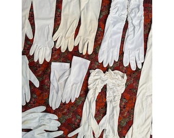 Eight Pair Fabric Dress Gloves Various Lengths and Sizes White Fabric as is