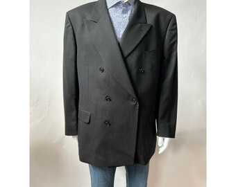 Albert Nipon Mens Double Breasted Suit Jacket Black 100% Wool Pocket Vintage 48R