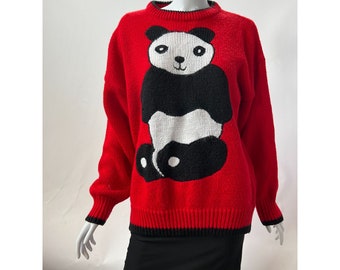 Bibesco Vintage Crew Neck Panda Sweater  M Red  Animal Acrylic