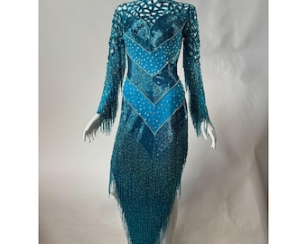 Vintage Sable Teal Beaded Long-Sleeve Couture Gown