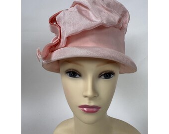 Vintage Pink Satin Womens Hat With Ruched Crown & Ribbon Accent