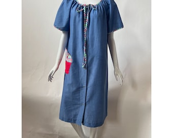 Komar 70s Chambray Look Sundae House Coat  M Blue Pearl Snap  Polyester  Blend