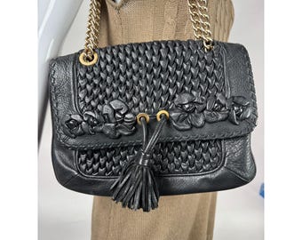 Isabella Fiore Black Leather Woven Floral Tassel Shoulder Bag With Gold Chain Strap