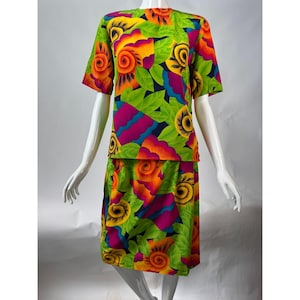 Evan-Picone Petites Size 2 & 4 Vintage 90s Acid Green Silk Floral Two-Piece Skirt Set
