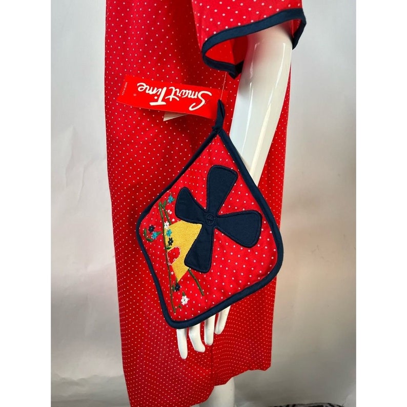 Vintage Smart Time Womens House Dress Red Midi Pocket Tie Neck Potholder L New image 5