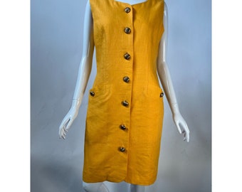 Vintage Sake Sleeveless Button Dress Size 10 Yellow Linen Rayon Lining