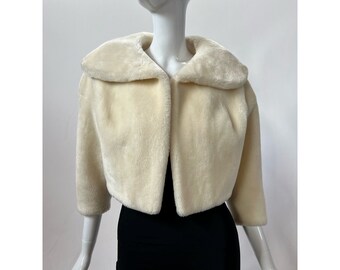 Vintage Neiman Marcus Womens Open Front Jacket Ivory Borgana Faux Fur Collar M
