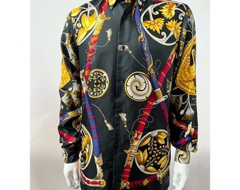 Vintage Hermes Mens Button Down Shirt Black Yellow Floral Silk Eur 38 US S/M